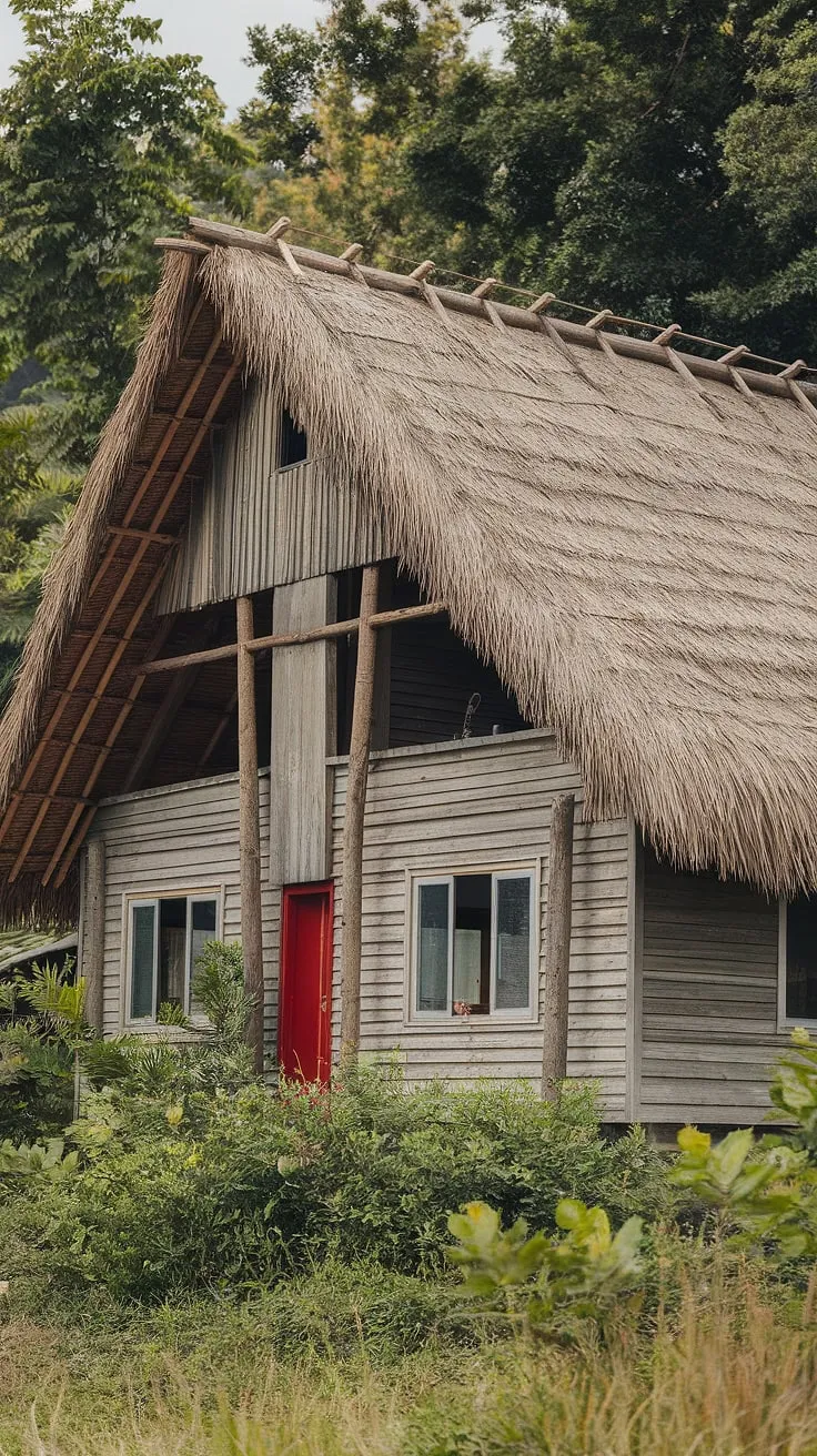 A charming thatched-roof cottage, nestled amongst vibrant greenery, whispers tales of simpler times. The exposed wooden beams and red door hint at the warmth and character within. A perfect escape.