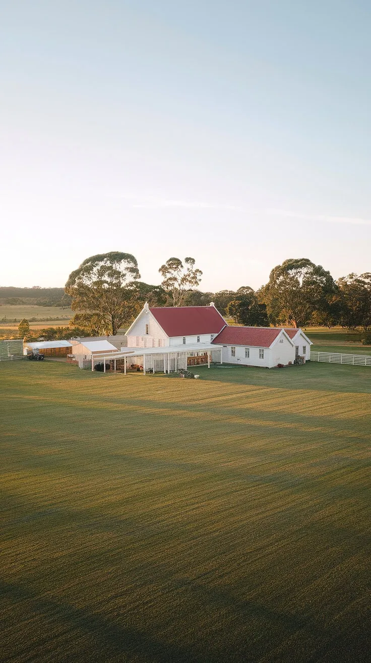 A quintessential Australian farmstead, bathed in the golden light of a tranquil afternoon. The red roof of the farmhouse, nestled amongst the gum trees and sprawling green lawns, evokes a sense of peaceful country living. This idyllic scene speaks volumes about the enduring spirit of rural Australia.
