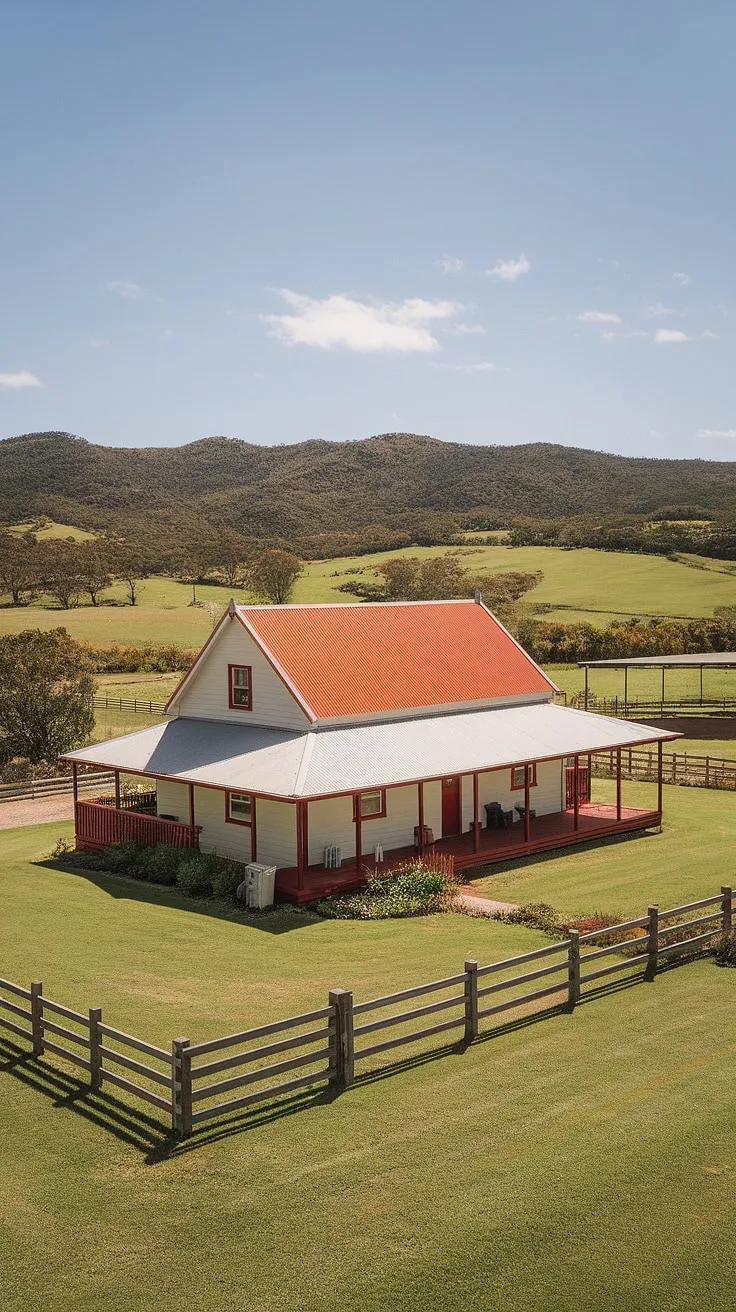 Nestled amongst the undulating hills of the Australian countryside sits this charming white farmhouse, its red roof a vibrant contrast to the lush green lawn. A simple wooden fence encloses the property, adding to the sense of tranquility and seclusion. It's a picture of rural serenity.
