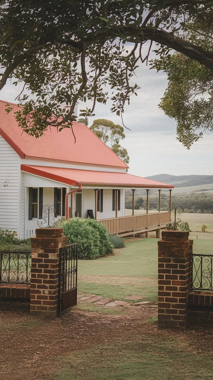 Nestled in the heart of the Australian countryside, this charming white farmhouse with its striking red roof offers a tranquil escape. The sprawling veranda, supported by elegant brick pillars and detailed ironwork, invites you to relax and soak in the breathtaking views of the endless horizon.
