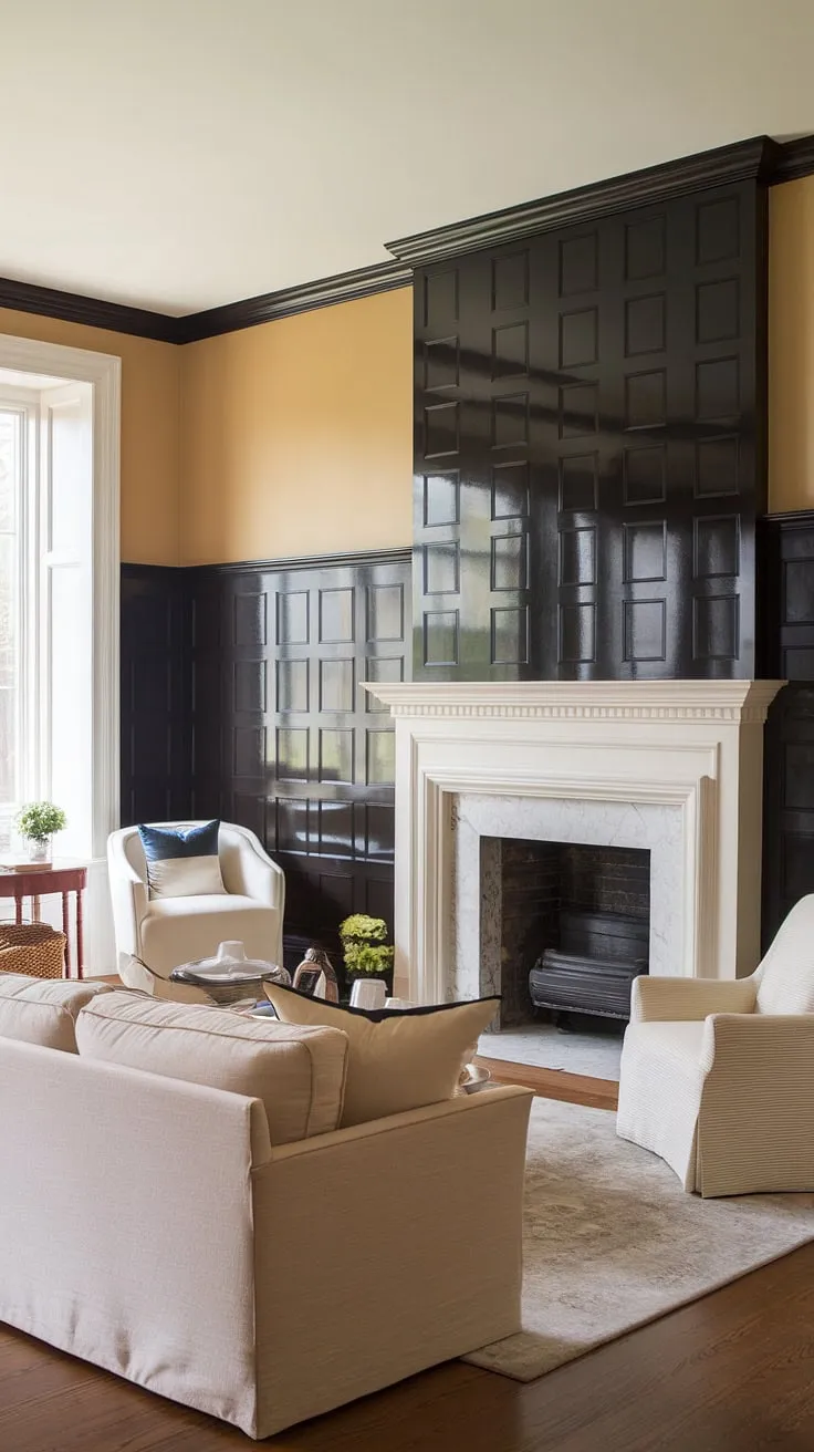Transform your living space with the dramatic impact of this dark wainscoting accent wall.  This easy wainscoting DIY project, featuring faux wainscoting, elevates the room's style effortlessly.  Get inspired by this living room wainscoting idea and explore more painted wainscoting ideas and diy wainscoting ideas for your own wainscoting walls, even considering a wainscoting bedroom accent wall.  The glossy finish adds a touch of modern elegance.