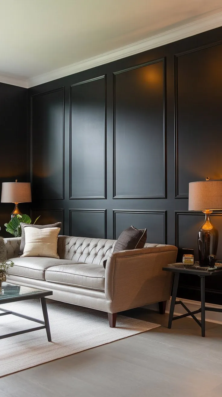 This dramatic dark wainscoting accent wall is easier to achieve than you think!  Using faux wainscoting, this easy wainscoting DIY project brought instant elegance to this living room.  Find more inspiration for your living room wainscoting ideas and explore the possibilities of painted wainscoting ideas.  This easy wainscoting is perfect for wainscoting walls, and even a wainscoting bedroom accent wall.  Love these dark wainscoting ideas?  Check out our other diy wainscoting ideas for more design inspiration.
