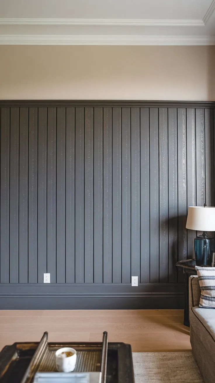 This dramatic dark wainscoting adds depth and character to this living room, proving that wainscoting walls don't have to be complicated.  Our easy wainscoting DIY used faux wainscoting for a budget-friendly and surprisingly simple transformation.  Explore more living room wainscoting ideas and painted wainscoting ideas for your own home.  Perfect for a wainscoting bedroom accent wall, this dark wainscoting ideas showcases the versatility of this classic design element.  Consider this easy wainscoting project for your next home update.