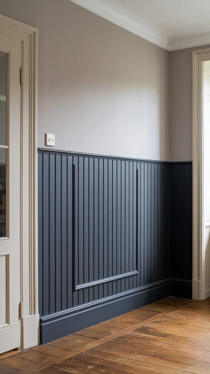 This dramatic living room showcases the impact of a simple yet effective design choice:  easy wainscoting.  The dark grey faux wainscoting, a DIY project made easy with readily available materials, creates a striking focal point.  This wainscoting bedroom accent wall idea is easily adaptable to any room.  Explore more living room wainscoting ideas and painted wainscoting ideas by recreating this look.  The combination of dark wainscoting ideas and lighter grey paint above offers a sophisticated contrast, making this a perfect example of diy wainscoting ideas and the beauty of wainscoting walls.