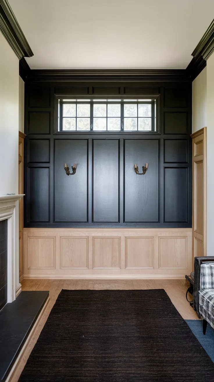 Transform your living space with this dramatic dark wainscoting accent wall.  This easy wainscoting DIY project, featuring faux wainscoting, elevates the room's style effortlessly.  Consider this inspiration for your own wainscoting bedroom accent wall or explore more living room wainscoting ideas using painted wainscoting ideas and dark wainscoting ideas.  The result?  Stunning wainscoting walls achieved with simple diy wainscoting ideas and easy wainscoting techniques.