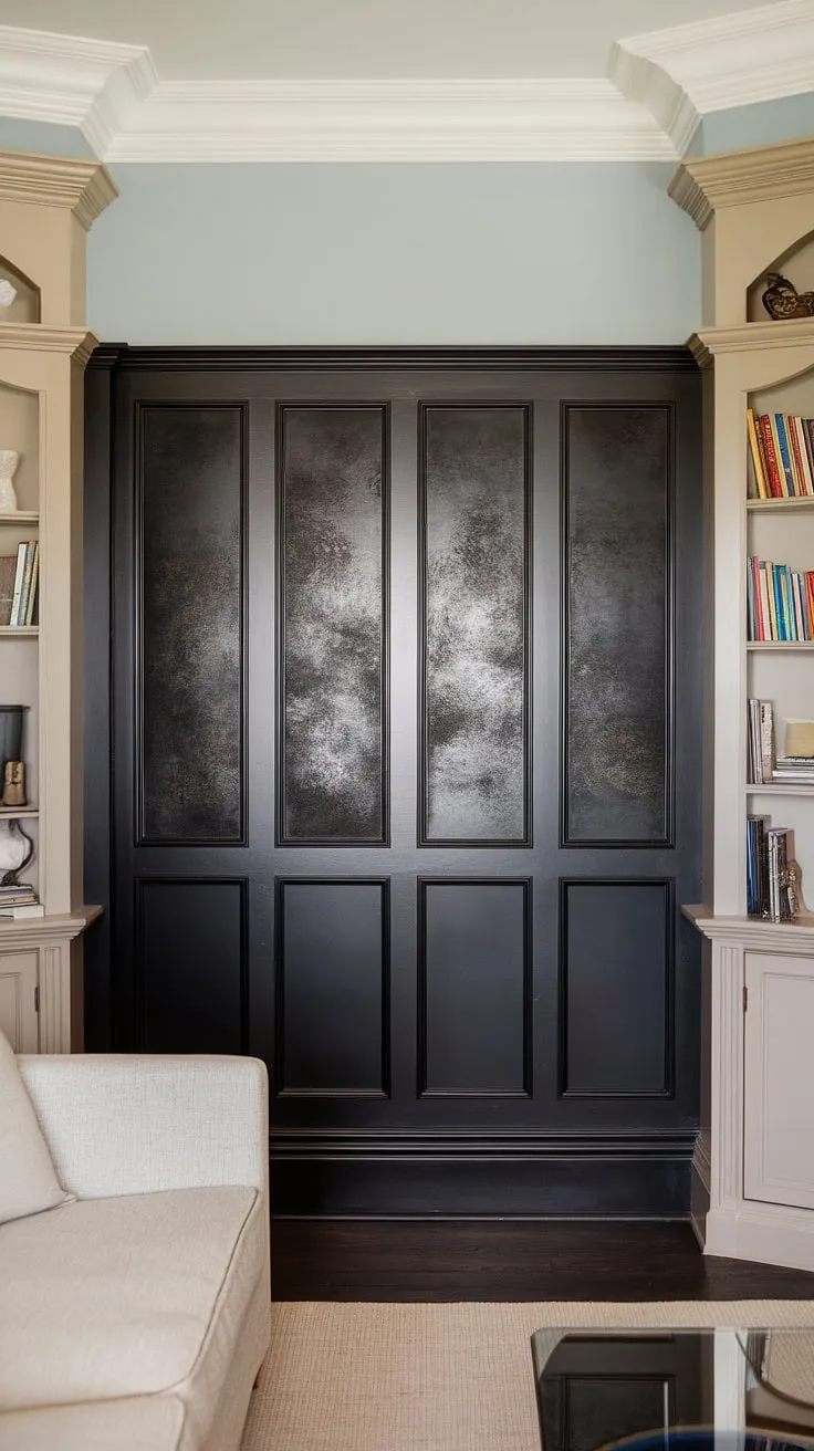 This dramatic yet approachable living room features a show-stopping accent wall.  The dark wainscoting ideas are brought to life with faux wainscoting, a perfect example of easy wainscoting.  This diy wainscoting project is surprisingly simple, making it ideal for wainscoting walls in any room.  Consider this painted wainscoting idea for your own living room wainscoting ideas or even a wainscoting bedroom accent wall.  Easy wainscoting has never looked so good!