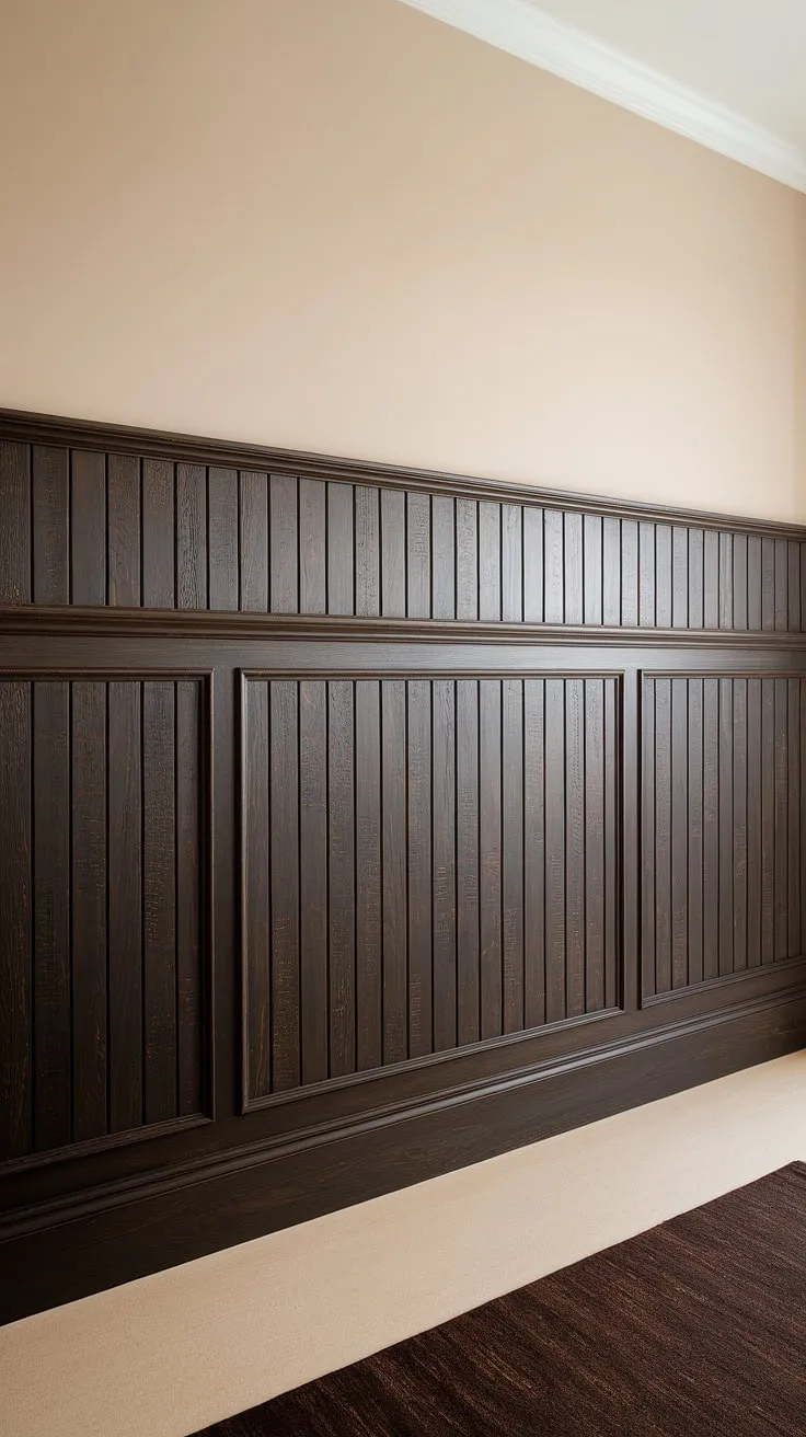 Transform your living space with this stunning dark wainscoting accent wall.  The realistic faux wainscoting, achieved with an easy wainscoting DIY, adds instant depth and sophistication. This living room wainscoting idea is perfect for those seeking a touch of elegance without the hefty price tag.  Consider this inspiration for your wainscoting bedroom accent wall or explore more painted wainscoting ideas and diy wainscoting ideas for your own easy wainscoting project.  Dark wainscoting ideas like this are surprisingly versatile and add character to any room.