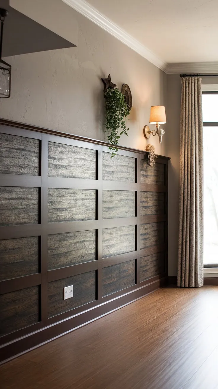 Transform your living space with this stunning faux wainscoting accent wall.  The dark wainscoting ideas create a dramatic yet sophisticated look, perfect for showcasing your personal style. This easy wainscoting DIY project is surprisingly simple, offering a chic upgrade without the hefty price tag.  Consider this inspiration for your own wainscoting bedroom accent wall or explore more living room wainscoting ideas.  Painted wainscoting ideas are endless, and this dark brown wood panel paired with light grey is just the beginning.  Learn how to achieve this easy wainscoting look with our simple DIY wainscoting ideas and elevate your wainscoting walls.