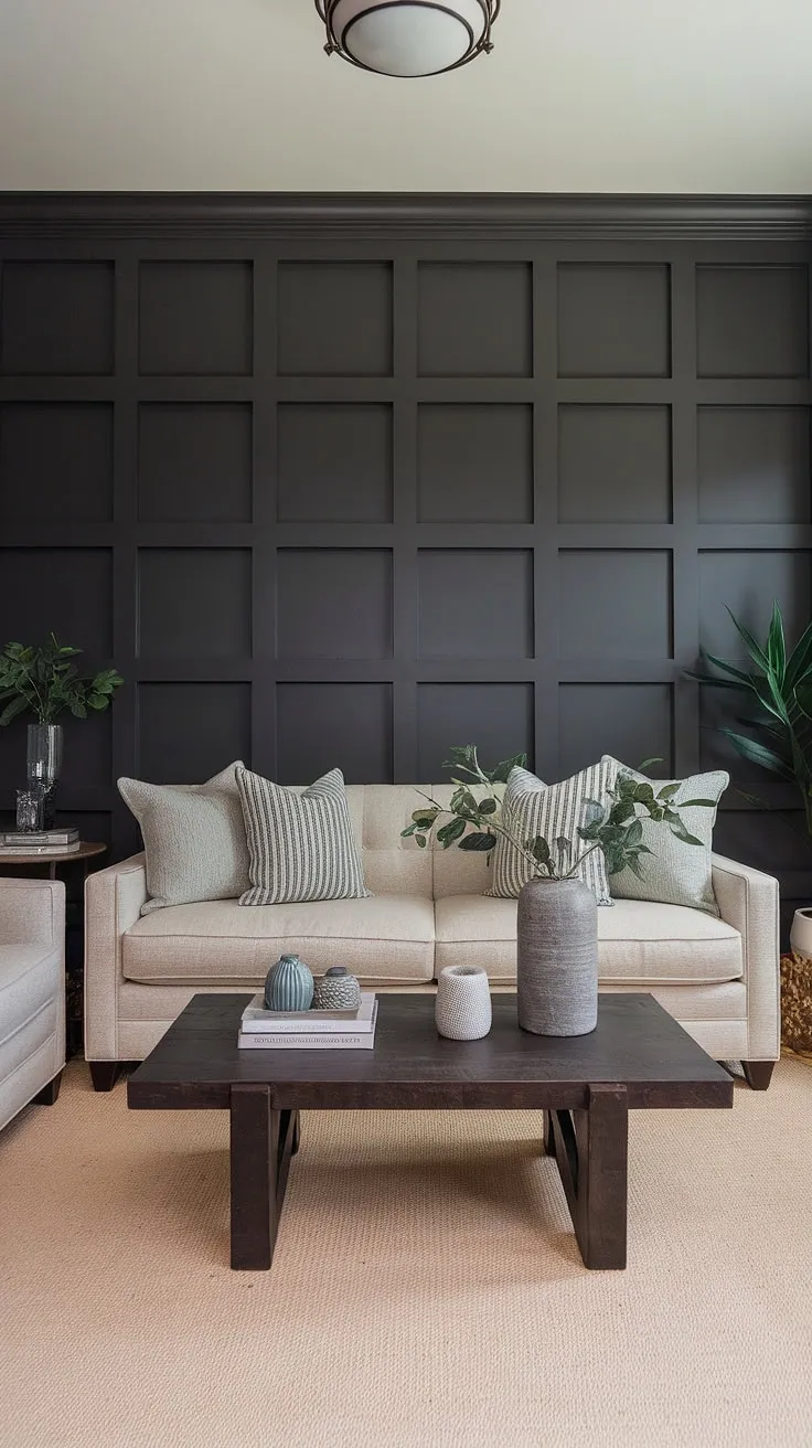 This stunning dark wainscoting adds so much depth and character to this living room.  The alternating light and dark panels make for a truly unique look, and the best part? It's an easy wainscoting DIY!  If you're looking for living room wainscoting ideas or wainscoting bedroom accent wall inspiration, this is it.  From painted wainscoting ideas to easy wainscoting, this project showcases the versatility of wainscoting walls.  Get inspired by this faux wainscoting and elevate your space with this simple yet impactful upgrade.