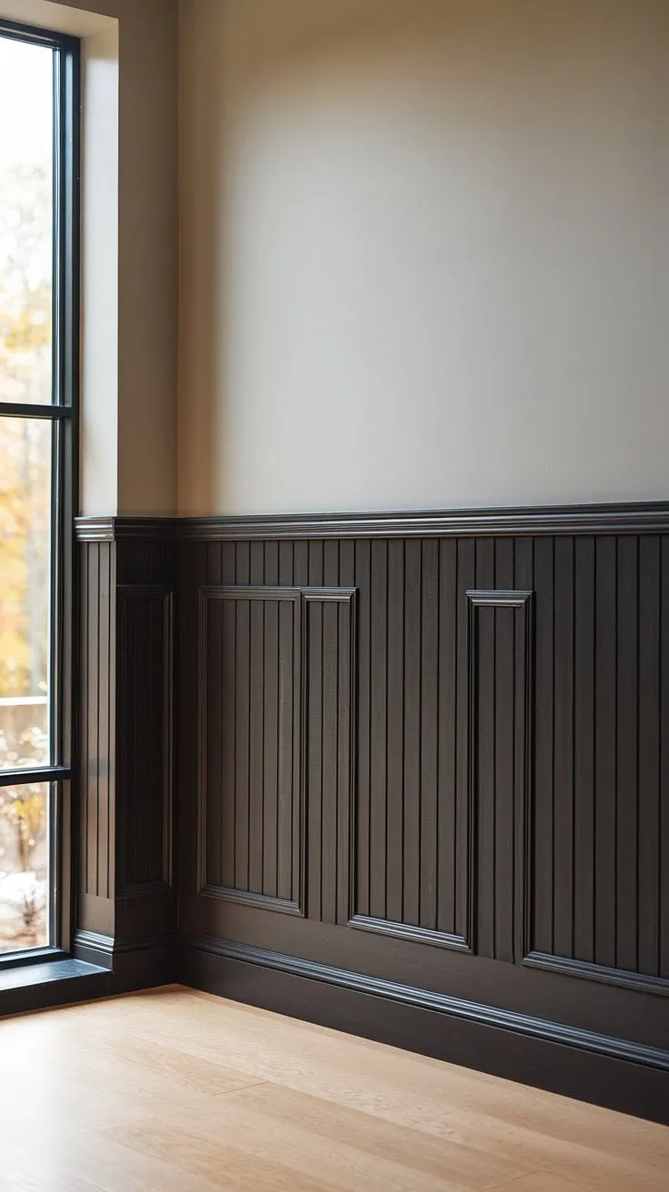 This living room's charm is undeniable, thanks to the striking wainscoting walls.  The dark wainscoting ideas, achieved with easy wainscoting, add depth and character.  This faux wainscoting installation is a testament to the power of simple DIY wainscoting ideas.  Whether you're looking for living room wainscoting ideas or a wainscoting bedroom accent wall, this easy wainscoting DIY project offers inspiration.  The painted wainscoting ideas, paired with the natural light, create a space that feels both modern and cozy.
