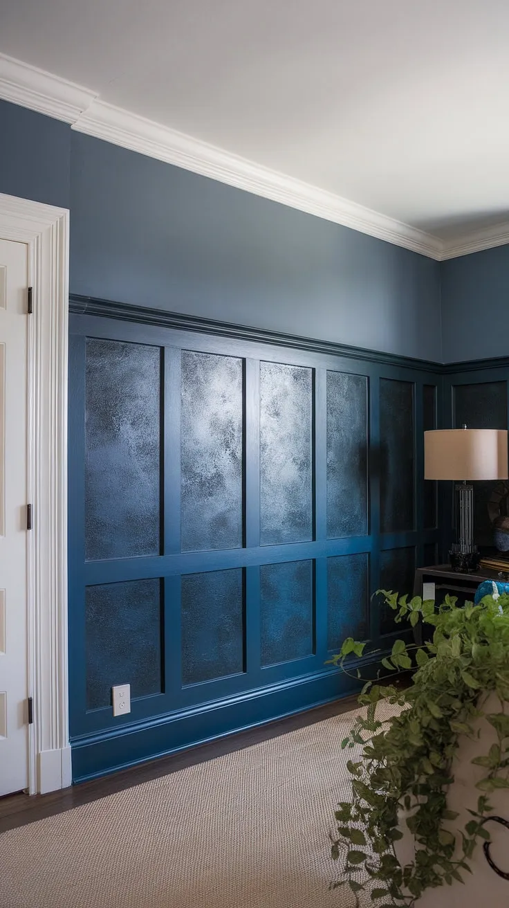 Transform your living room with this stunning dark blue faux wainscoting accent wall!  This easy wainscoting DIY project adds instant sophistication and texture.  Get inspired by this living room wainscoting idea and explore more painted wainscoting ideas for your own space.  Consider this dark wainscoting idea for a wainscoting bedroom accent wall or any room needing a stylish update.  Easy wainscoting has never looked so chic!