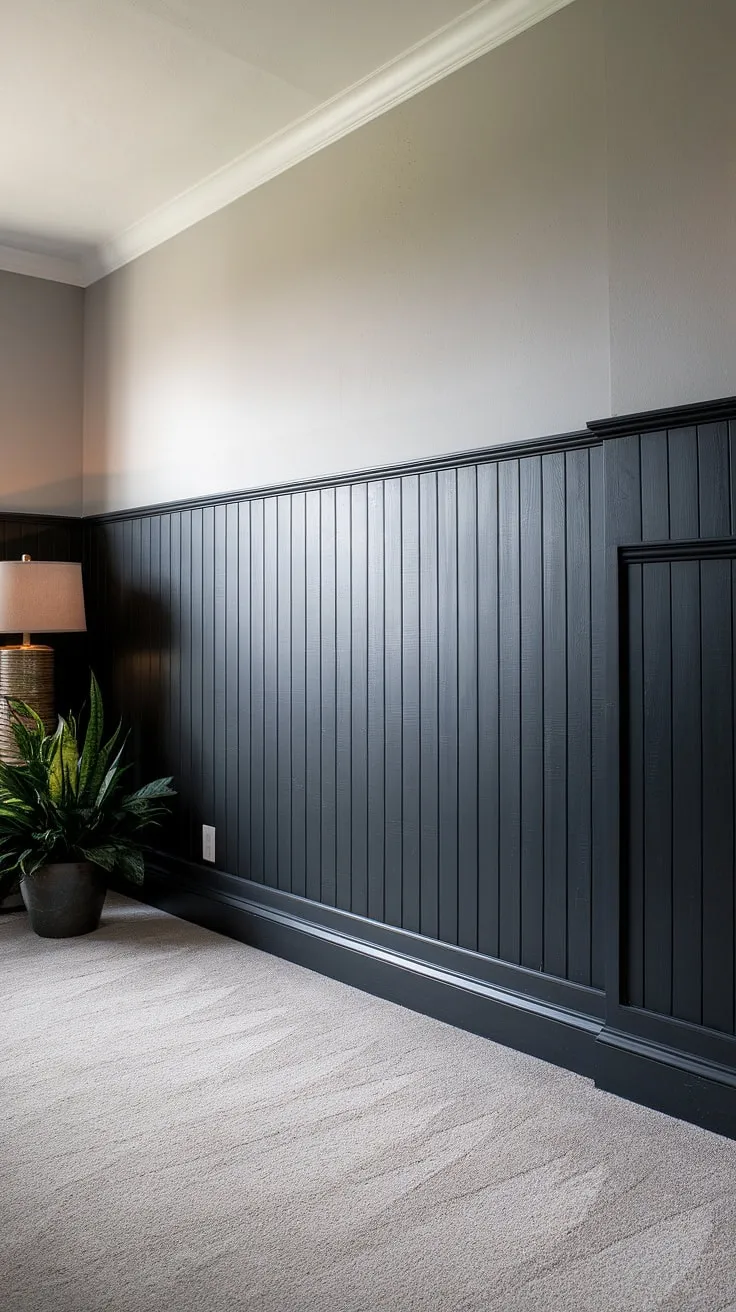 Transform your living space with this stunning dark wainscoting accent wall!  This easy wainscoting DIY project uses faux wainscoting for a sophisticated look without the hefty price tag.  Get inspired by these living room wainscoting ideas and explore more painted wainscoting ideas for your wainscoting bedroom accent wall or any room in your home.  This dark wainscoting idea is surprisingly easy wainscoting, perfect for a weekend DIY project.  Consider this a simple yet impactful way to elevate your wainscoting walls.