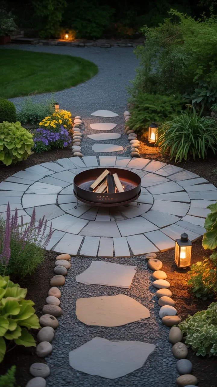 Lantern-Lit Garden Oasis with a Stone-Ringed Fire Pit