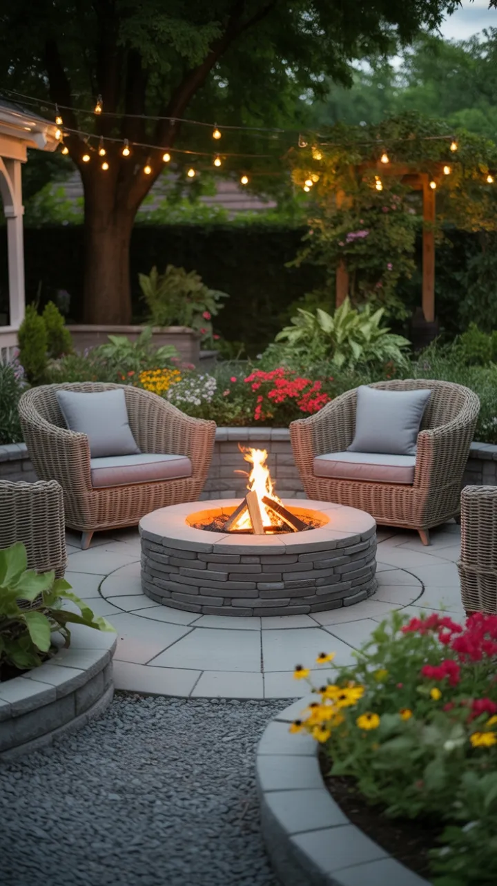 Cozy Stone Fire Pit Oasis Bathed in Warm String-Light Glow