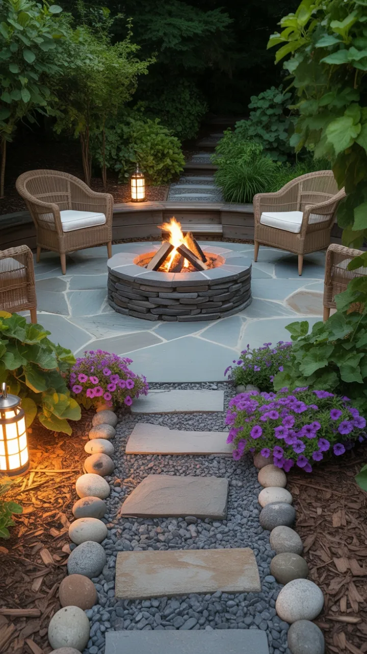Lantern-Lit Fire Pit Haven in a Lush Backyard