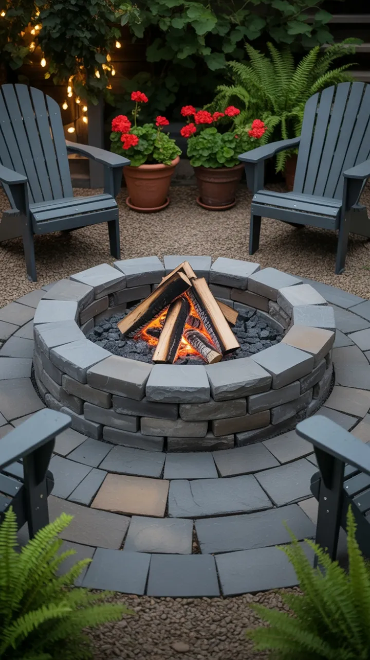 Cozy Stone Patio Retreat Lit by Embers and String Lights
