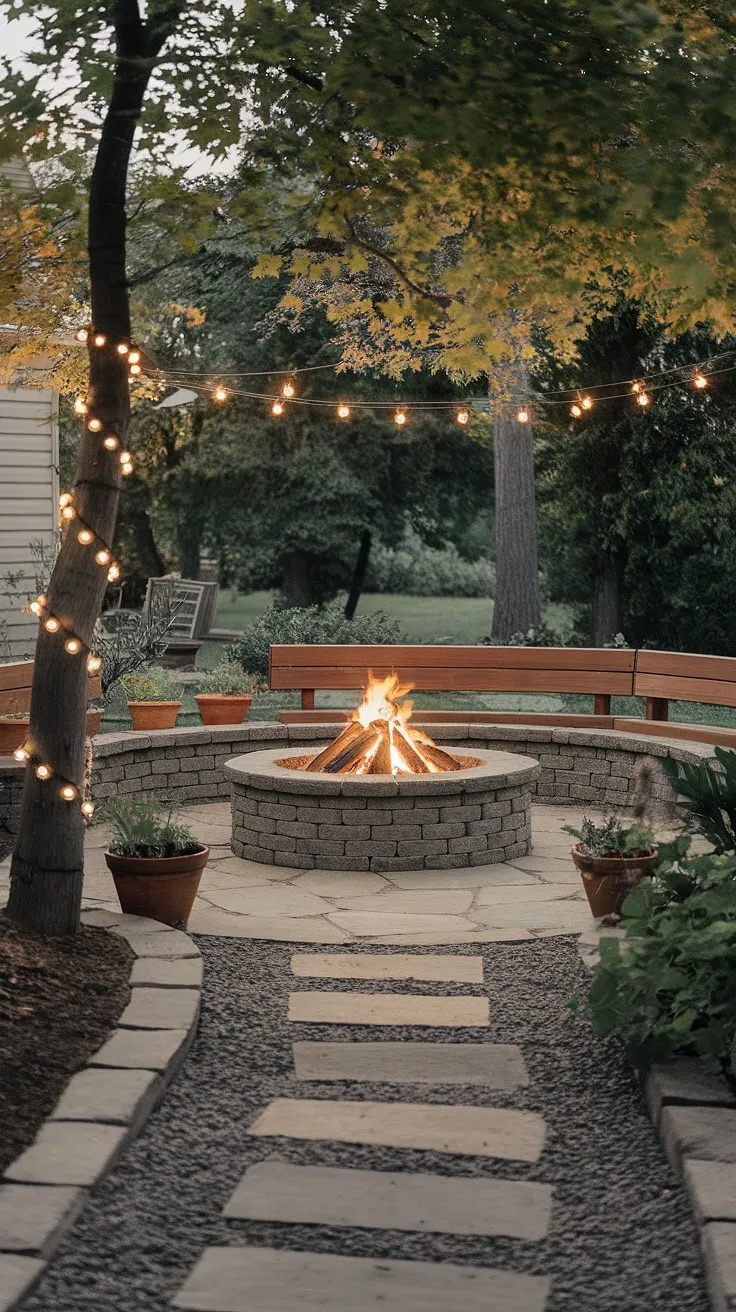 Imagine cozy nights spent around this inviting stone fire pit, nestled within a tranquil firepit backyard.  This outdoor fire pit design showcases clever fire pit seating ideas and beautiful fire pit landscaping, creating the ultimate romantic yard ideas. The soft lighting around the fire pit enhances the ambiance, making it the perfect spot for gatherings.  Get inspired by this backyard fire features masterpiece and discover your own perfect bonfire pits and backyard landscaping ideas.