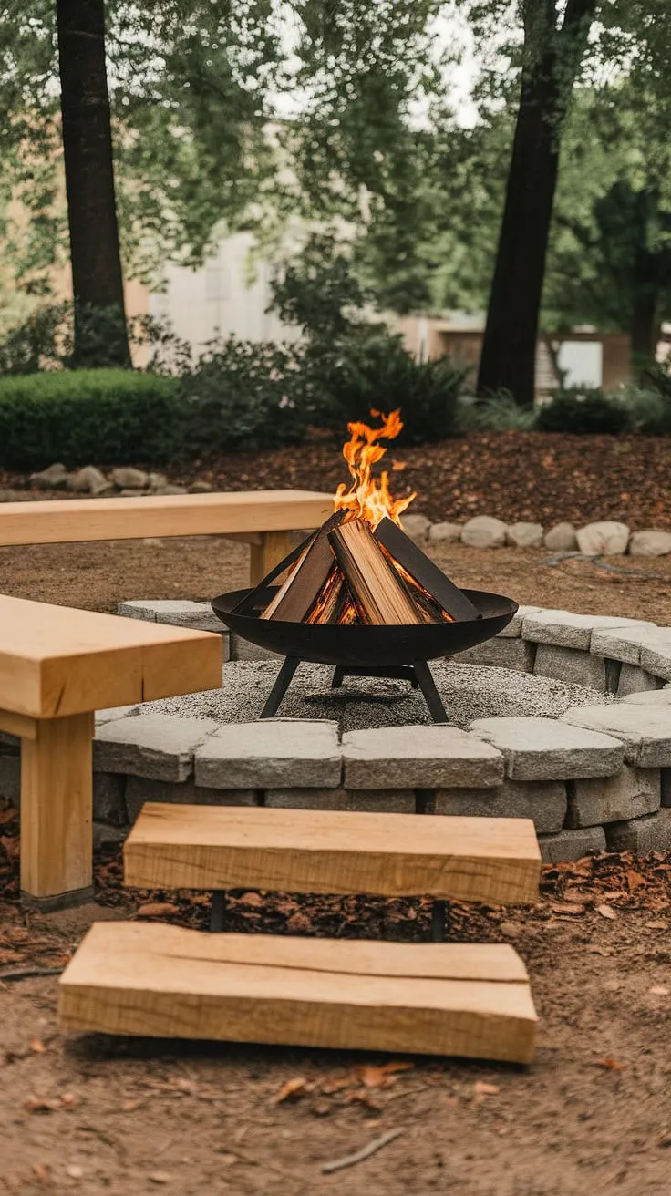 Escape to your own private oasis with this inviting fire pit backyard.  The carefully curated fire pit landscaping, including the charming stone fire pit and thoughtfully placed bench with log steps, offers a unique take on fire pit seating ideas.  The warm lighting around the fire pit enhances the romantic yard ideas, making it the perfect spot for quiet evenings. Explore these outdoor fire pit designs and bonfire pits for inspiration in your own backyard landscaping ideas, creating the ultimate fire pit patio.