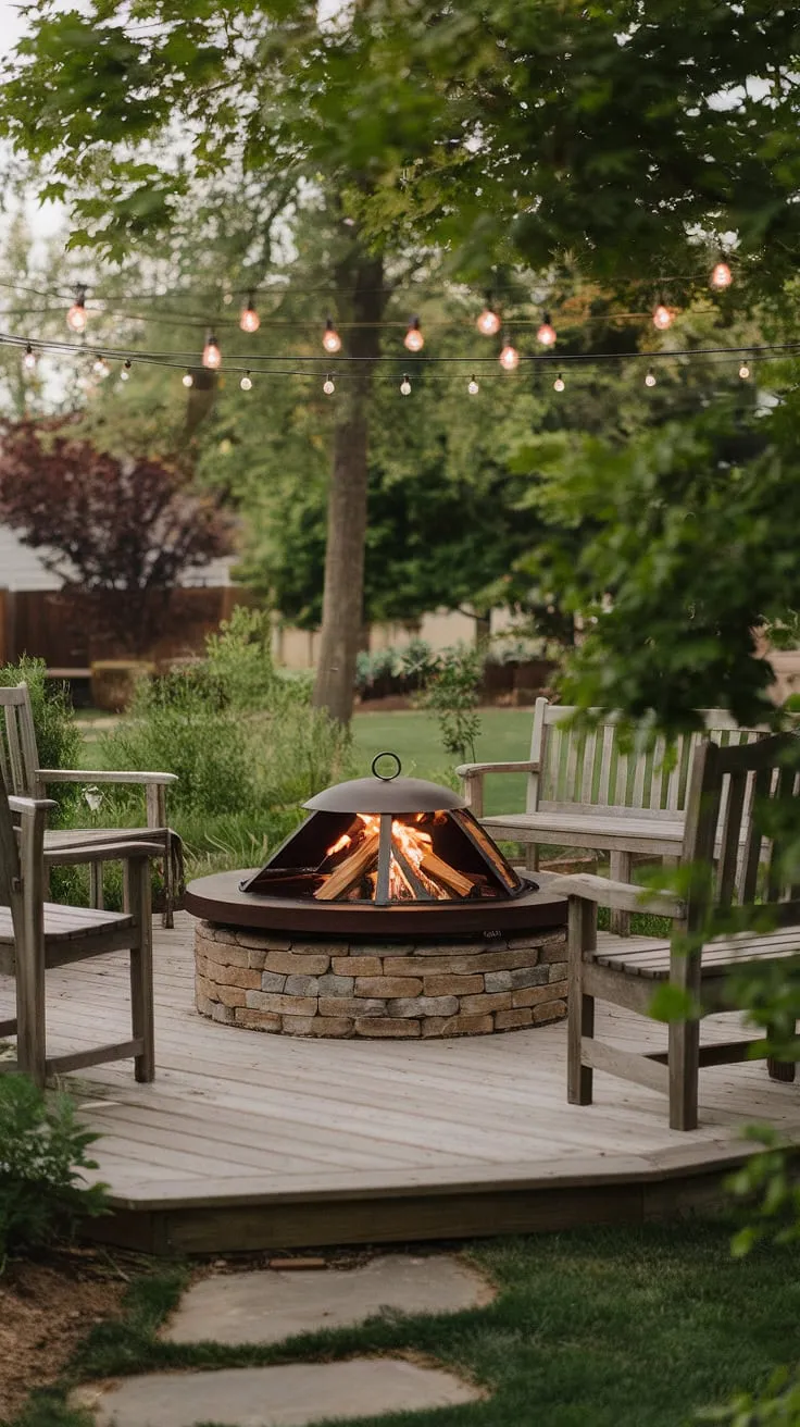 Escape to your own private oasis with this enchanting fire pit patio.  The perfect blend of rustic charm and modern comfort, this firepit backyard boasts stunning fire pit landscaping, thoughtful fire pit seating ideas, and captivating lighting around the fire pit.  Explore endless romantic yard ideas with this outdoor fire pit design, featuring a beautifully crafted bonfire pit nestled amongst lush greenery.  Consider this inspiration for your own backyard landscaping ideas and backyard fire features.