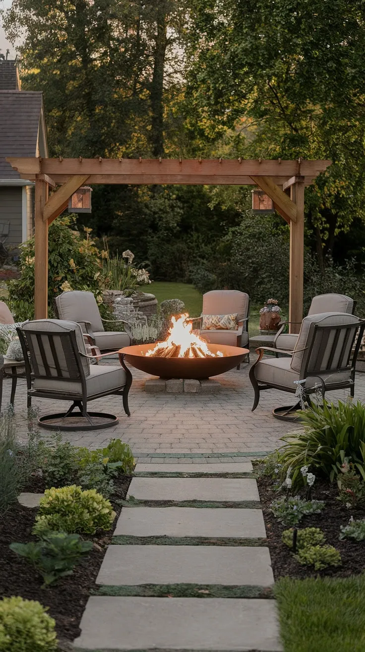 Escape to your own private oasis with this enchanting fire pit patio.  The warm glow of the fire, enhanced by thoughtful lighting around the fire pit, creates the perfect ambiance for cozy evenings.  This firepit backyard showcases stunning outdoor fire pit designs and fire pit seating ideas, seamlessly integrated with beautiful backyard landscaping ideas.  The romantic yard ideas are endless with this bonfire pits centerpiece.