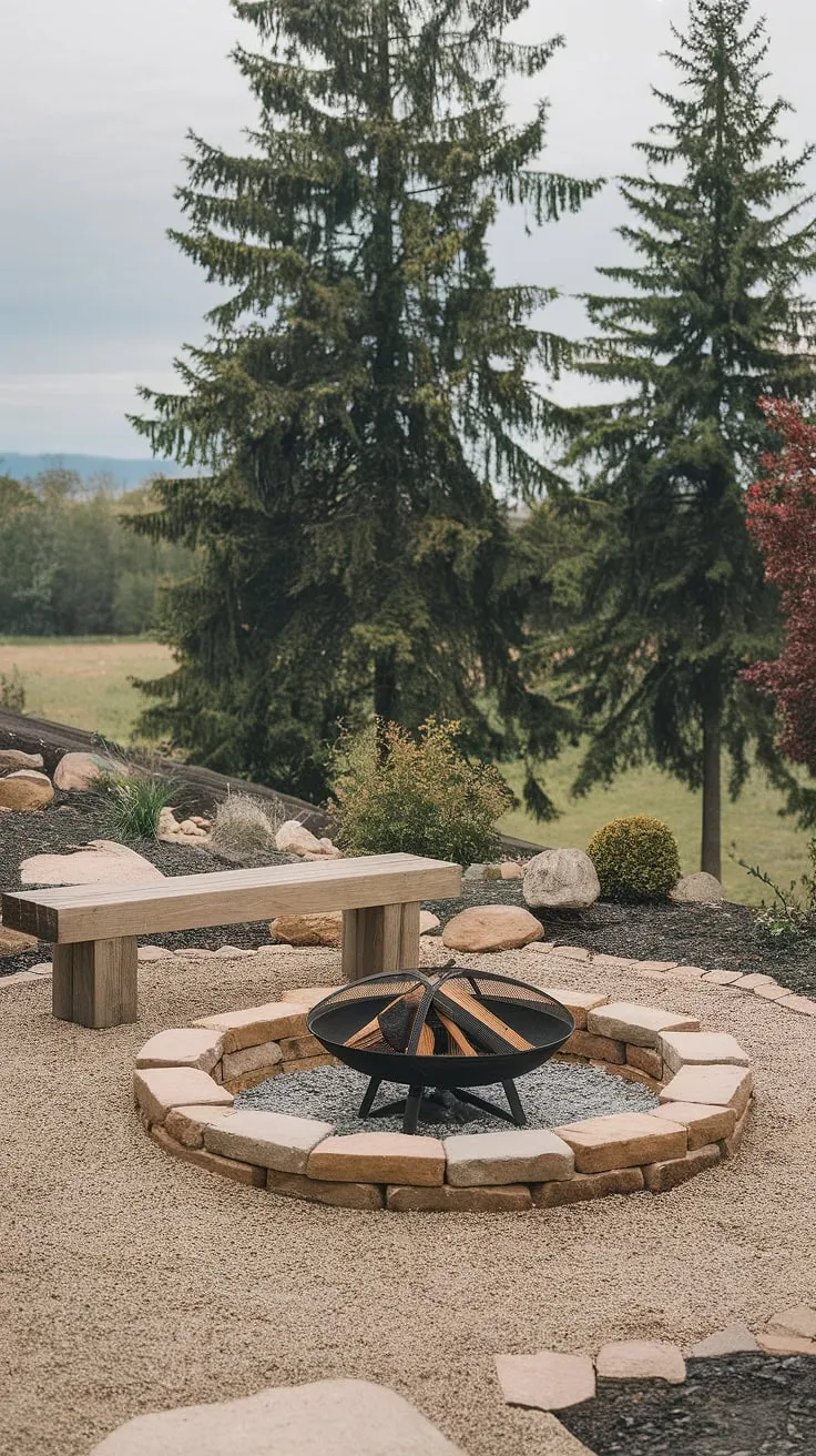 Imagine cozy evenings spent by this firepit backyard, nestled amongst towering trees.  The carefully curated fire pit landscaping, complete with a rustic wooden bench and gravel pathway, showcases exceptional fire pit seating ideas. This outdoor fire pit design is a masterclass in romantic yard ideas, perfect for showcasing your backyard fire features and providing inspiration for your own backyard landscaping ideas.