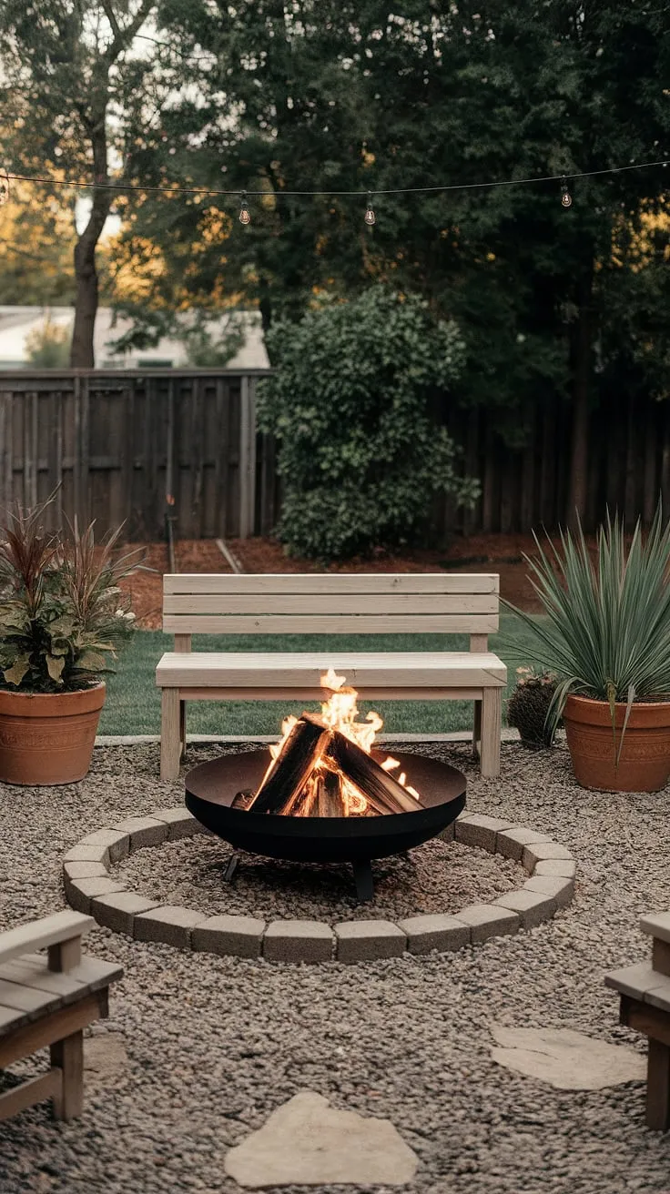 Escape the everyday in this tranquil fire pit patio, complete with cozy fire pit seating ideas and enchanting lighting around the fire pit.  The perfect blend of fire pit landscaping and backyard landscaping ideas, this firepit backyard offers a romantic yard idea for unforgettable evenings.  Note the thoughtful outdoor fire pit designs and bonfire pits nestled amongst the potted plants.
