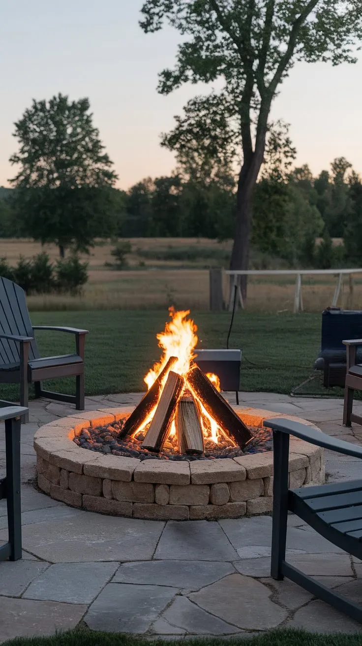 Imagine evenings spent around this mesmerizing fire pit, the gentle crackle of the flames illuminating the stone patio. This firepit backyard is a testament to thoughtful outdoor fire pit designs and clever fire pit landscaping.  From the carefully selected fire pit seating ideas to the beautiful lighting around the fire pit, every detail contributes to the romantic yard ideas this space embodies.  Let this image inspire your own backyard landscaping ideas, transforming your outdoor space into a haven of warmth and beauty with a stunning bonfire pits feature.
