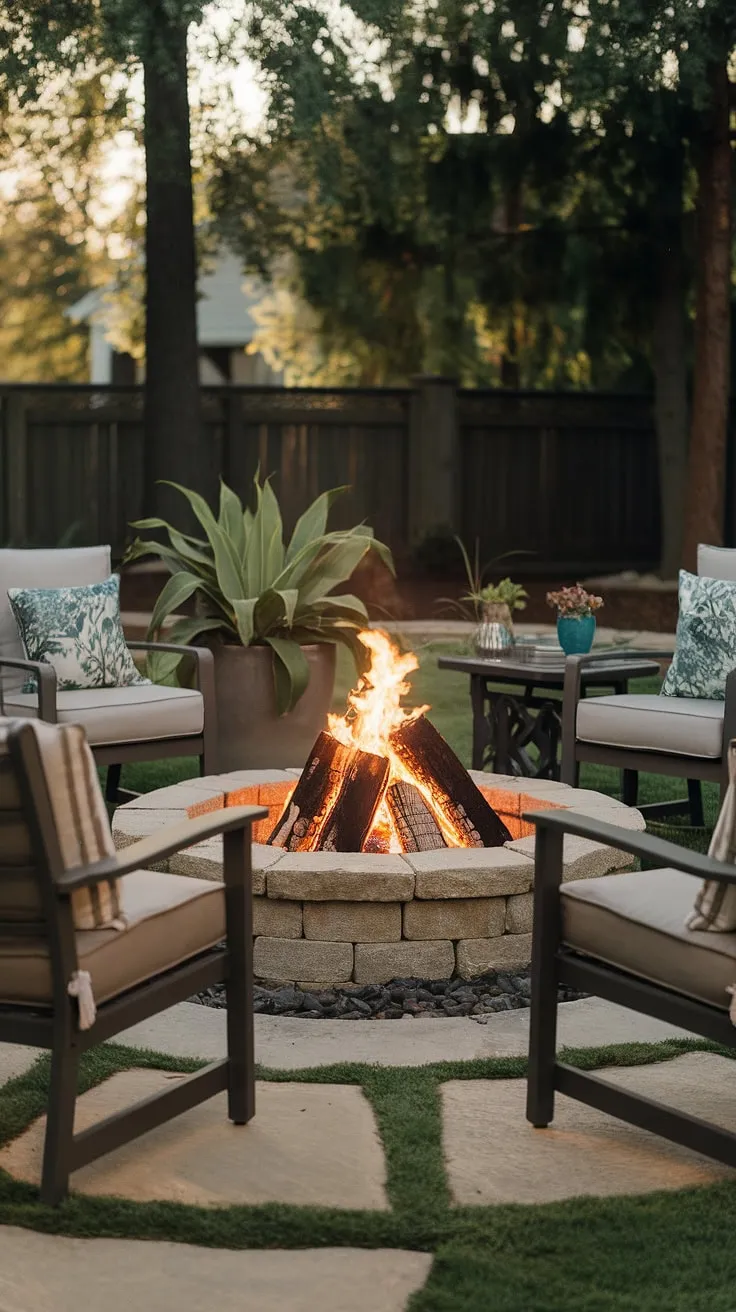 Cozy nights and crackling flames define this fire pit patio, a perfect blend of firepit backyard comfort and style.  The warm glow from the bonfire pits, enhanced by thoughtful lighting around the fire pit, creates the ideal setting for romantic yard ideas.  Notice the clever fire pit landscaping and outdoor fire pit designs, along with inspiring fire pit seating ideas that make this backyard landscaping ideas dream a reality.