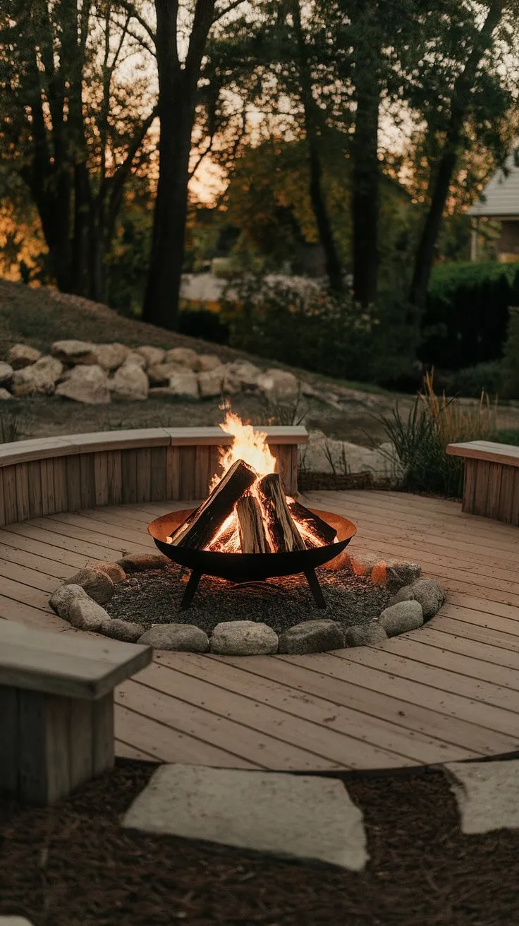 The warm glow of the fire pit patio illuminates this idyllic backyard, showcasing stunning fire pit landscaping and clever fire pit seating ideas.  This firepit backyard is a masterclass in outdoor fire pit designs, perfect for romantic yard ideas and offering endless backyard landscaping ideas. The carefully chosen lighting around the fire pit enhances the ambiance, making it the perfect spot for cozy evenings.  Bonfire pits don't get much better than this.