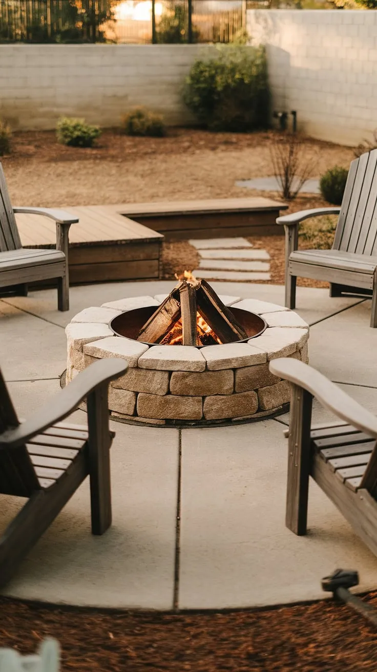 Warm evenings and crackling flames: This fire pit patio is the perfect setting for unforgettable moments.  The stone fire pit, nestled in the concrete patio, offers cozy fire pit seating ideas, complemented by the surrounding wooden chairs and raised platform.  This outdoor fire pit design showcases stunning fire pit landscaping, making it an ideal example of backyard landscaping ideas and romantic yard ideas. The lighting around the fire pit enhances the ambiance, transforming this firepit backyard into a haven of tranquility.  Consider this inspiration for your own bonfire pits and backyard fire features.