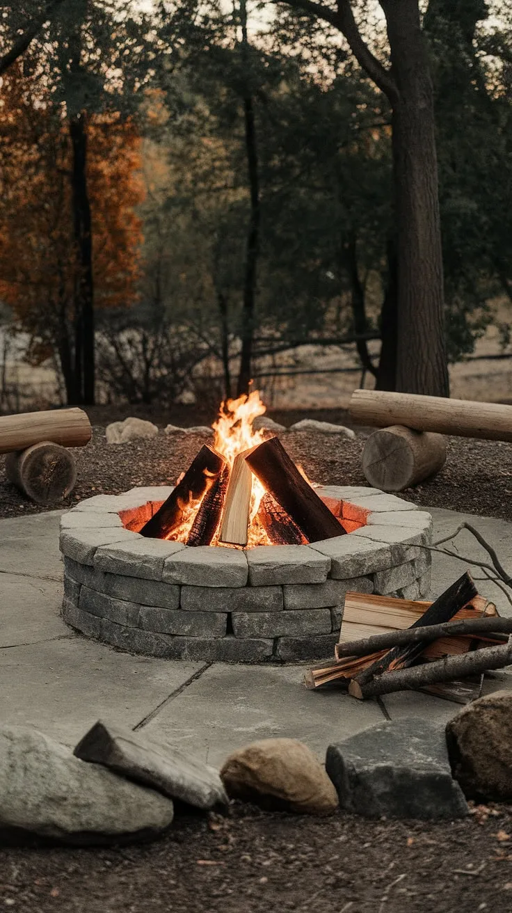 The warm glow of this fire pit patio, nestled amongst the trees, offers the perfect setting for romantic yard ideas.  This firepit backyard, built with rustic outdoor fire pit designs and thoughtful fire pit seating ideas, showcases stunning fire pit landscaping and backyard landscaping ideas. The lighting around fire pit enhances the ambiance, making it ideal for cozy evenings.  Bonfire pits don't get much better than this.