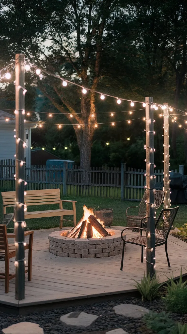 Imagine cozy evenings spent around this firepit backyard, nestled on the wooden deck.  The carefully curated fire pit landscaping, including the stone fire pit and thoughtfully placed seating, makes this outdoor space perfect for gathering.  With clever lighting around the fire pit and inspiring fire pit seating ideas, this design showcases the best in romantic yard ideas and outdoor fire pit designs.  Consider this your inspiration for backyard landscaping ideas and creating unforgettable backyard fire features.