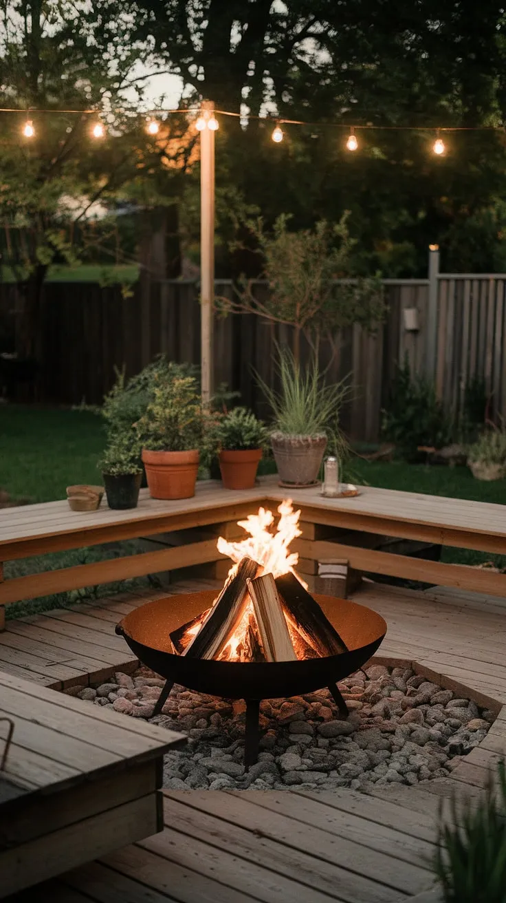 Cozy nights and crackling flames define this fire pit patio, a perfect blend of firepit backyard serenity and sophisticated outdoor fire pit designs.  The fire pit landscaping, complete with fire pit seating ideas and lighting around the fire pit, creates the ultimate romantic yard ideas for unforgettable evenings. This backyard landscaping ideas showcase the beauty of bonfire pits nestled within a thoughtfully designed space.