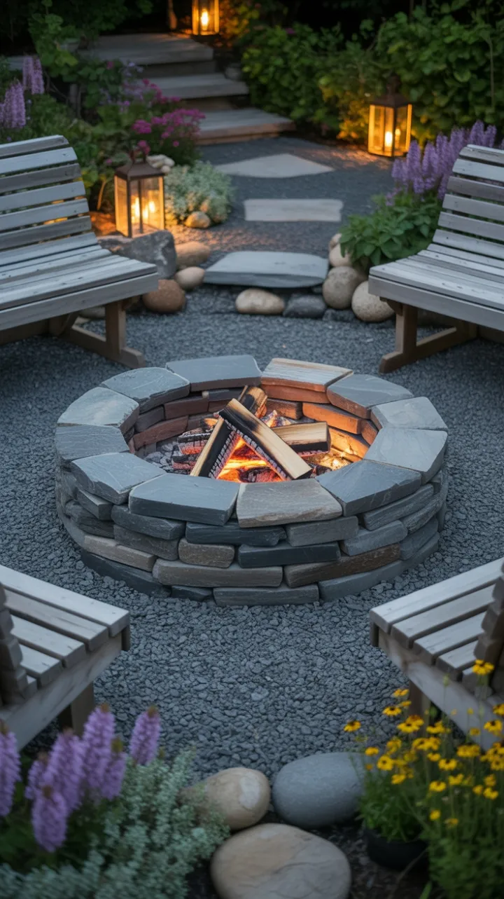Lantern-Lit Stone Hearth Amid Flowers and River Rocks