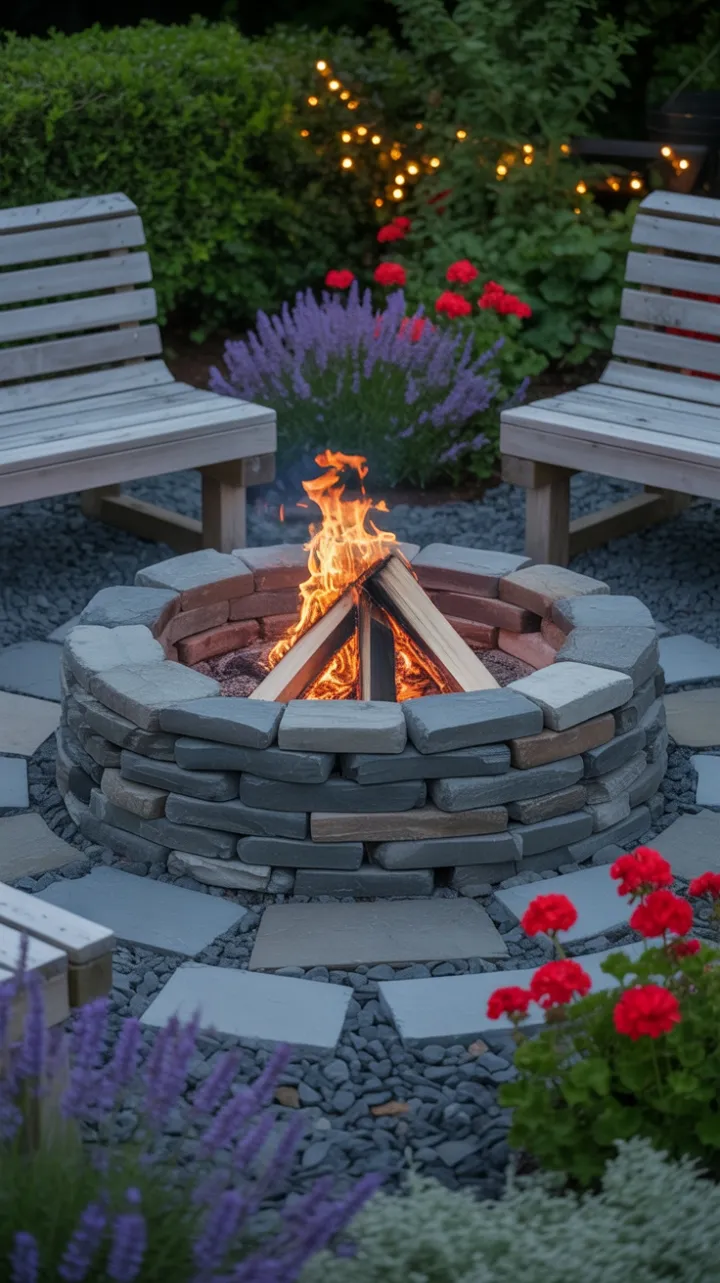 Cozy Stone Fire Circle in a Lavender-Lit Garden