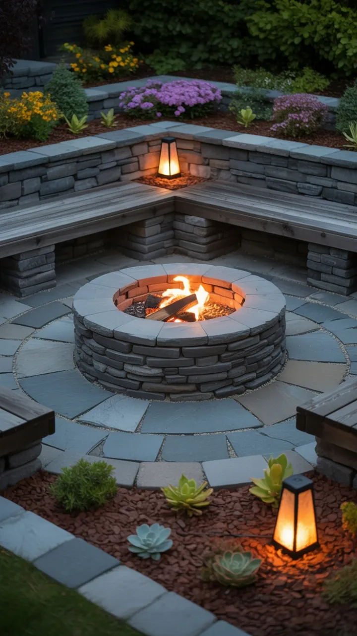 Lantern-Lit Stone Firepit Surrounded by a Blooming Night Garden