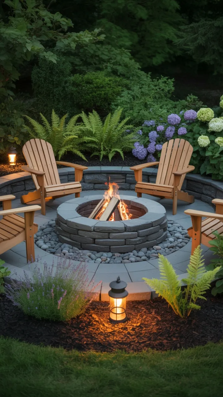 Twilight Garden Oasis Around a Stone Fire Pit
