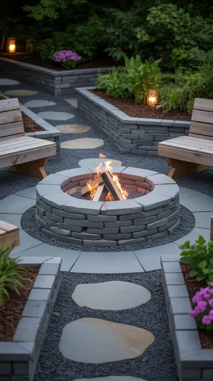 Cozy Stone Fire Pit Retreat with Lush Purple Blooms