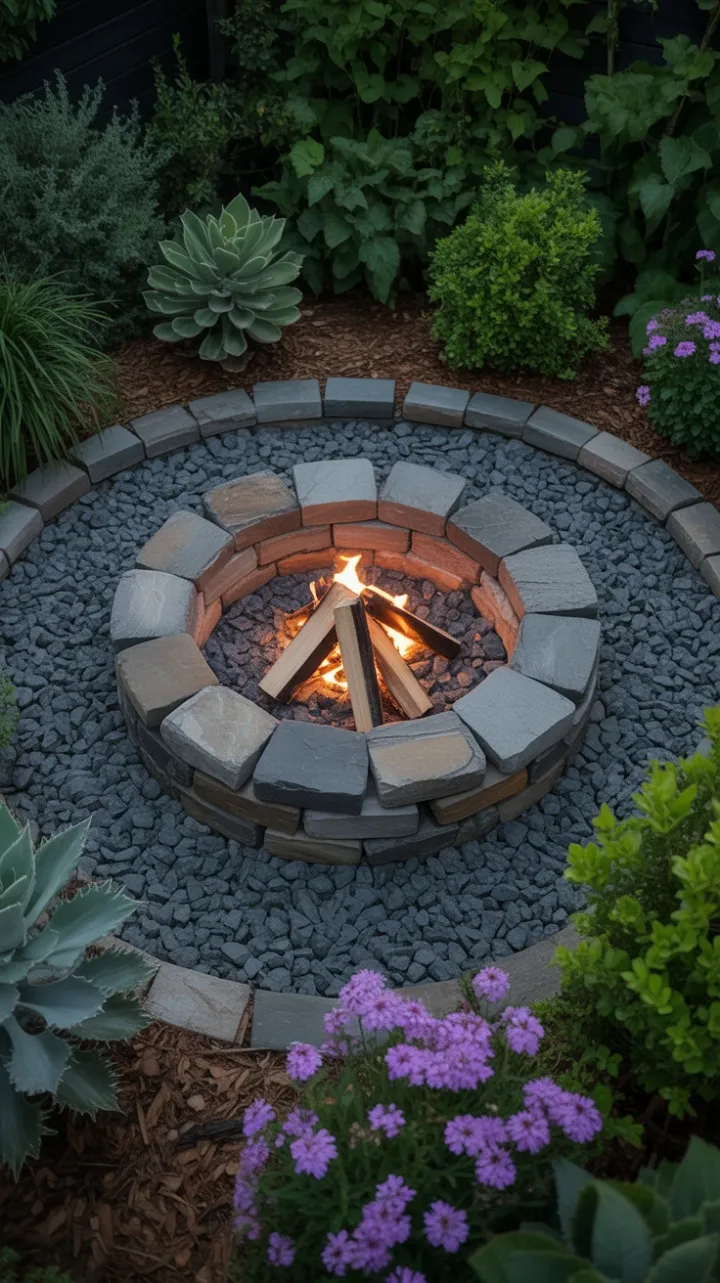 Cozy Stone Circle Bathed in Firelight and Purple Blooms