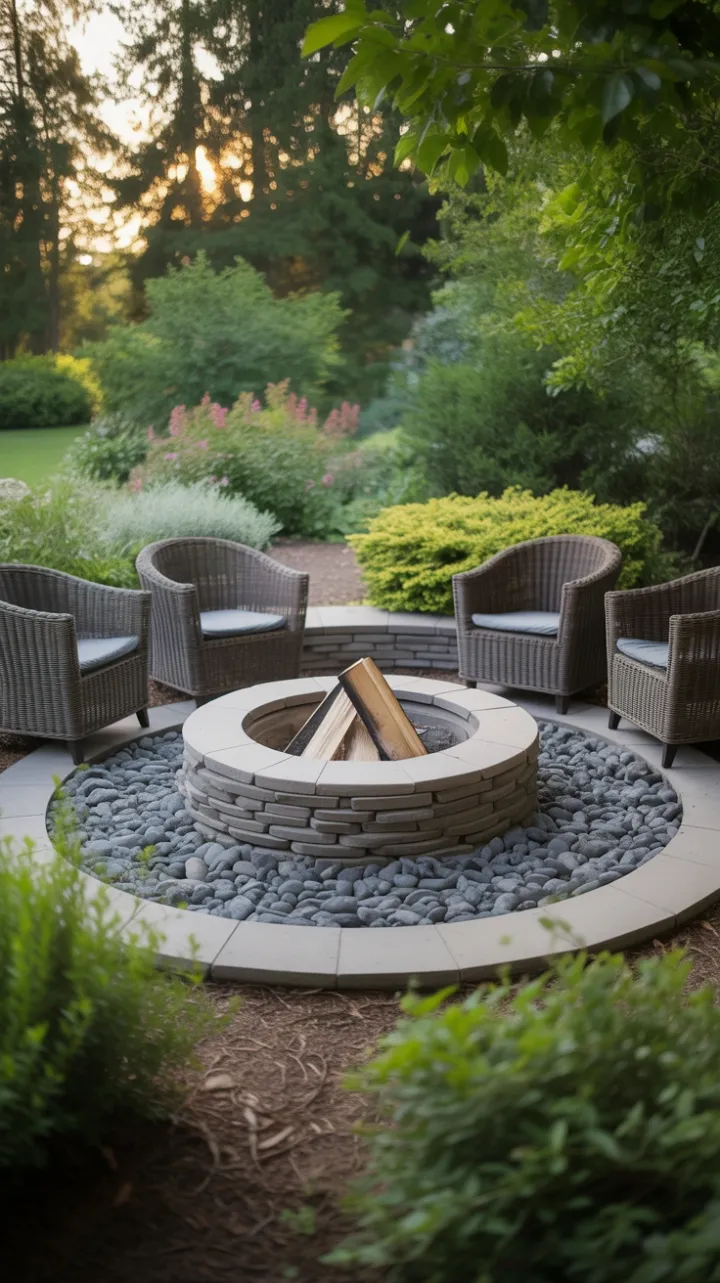 Golden Hour Gathering Around a Stone-Rimmed Firepit