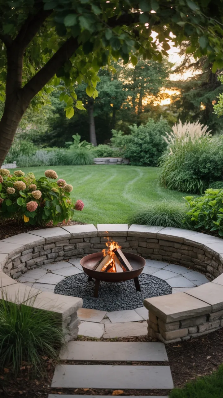 Sunlit Firepit Retreat Amid Hydrangea Gardens