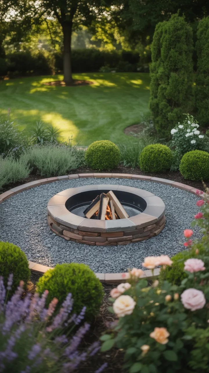Sunlit Rustic Firepit Retreat in a Lush Lavender Garden