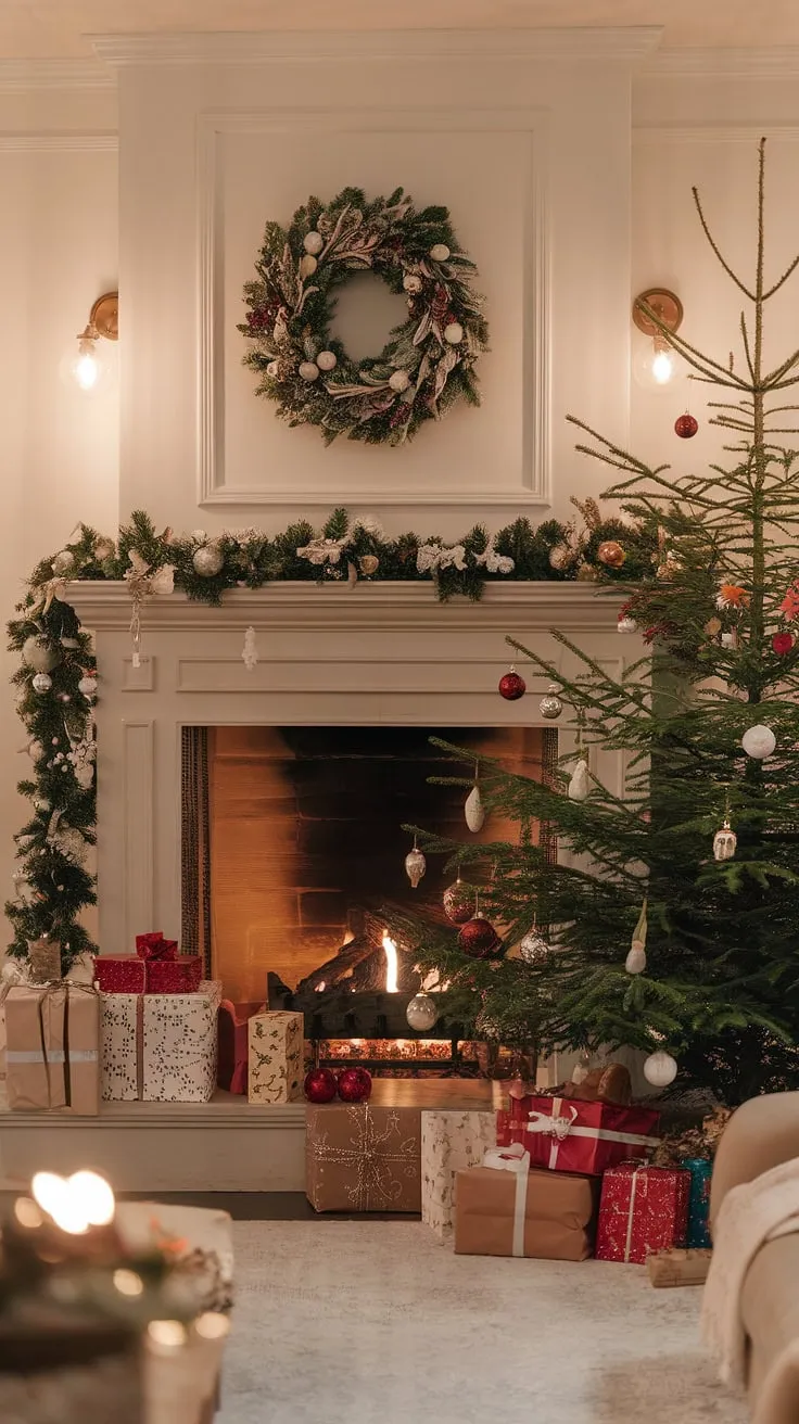 The warm glow of the fireplace backdrop creates the perfect Christmas backdrop photography setting.  Christmas decorations, including a beautifully adorned tree and mantelpiece garland, add to the festive cheer, making this the ultimate Christmas fireplaces scene, filled with joy decorations and the promise of a cozy Christmas.