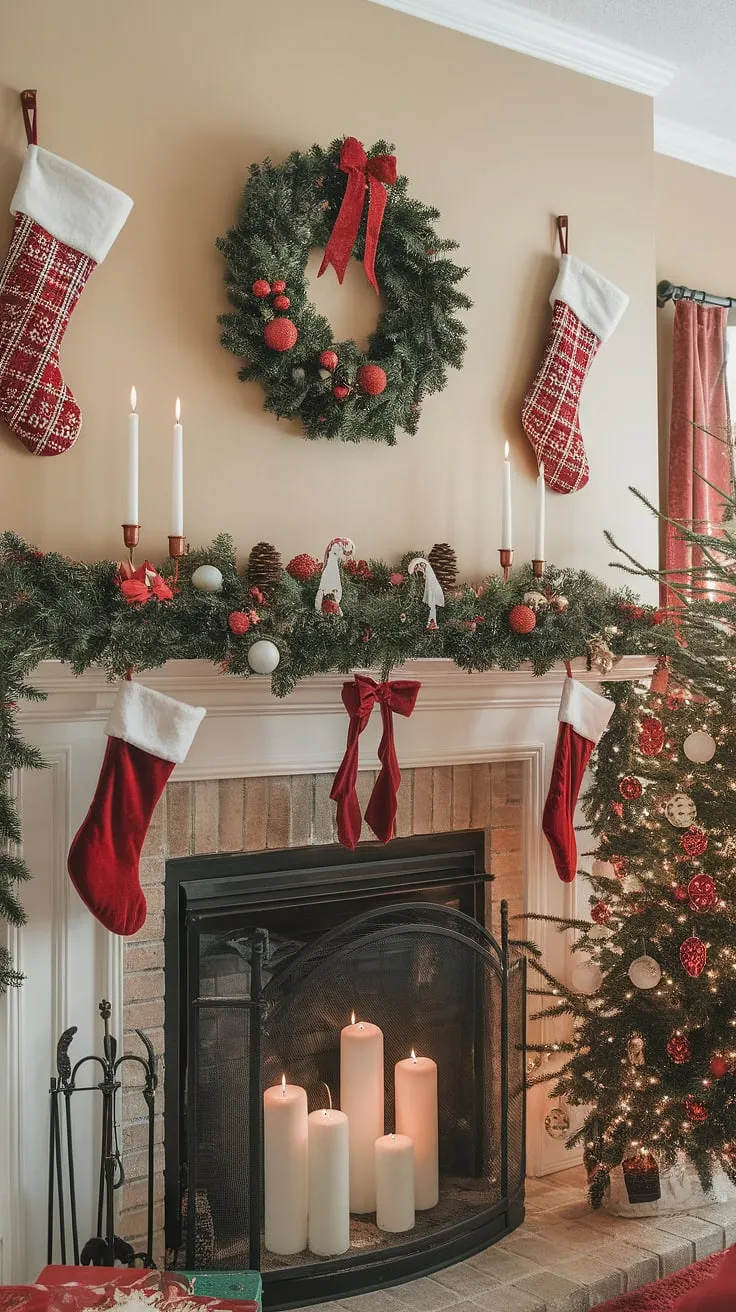 This Christmas fireplaces scene, a stunning xmas backdrop, is brimming with Christmas decorations.  From the mantelpiece garland to the perfectly placed stockings, every detail creates the ideal setting for your Christmas backdrop photography.  The fireplace itself serves as a captivating backdrop, radiating warmth and holiday joy.