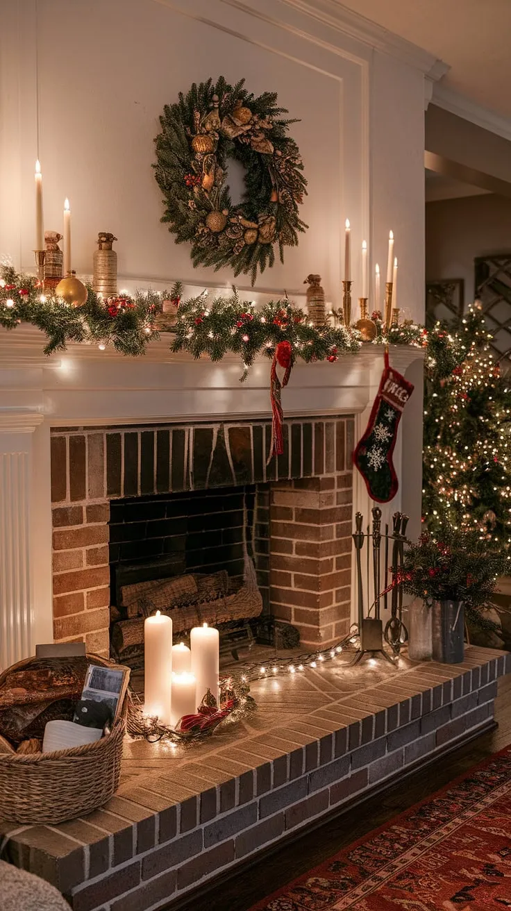 The warm glow of the fireplace backdrop, adorned with joy decorations and twinkling Christmas lights, creates the perfect Christmas backdrop photography setting.  This cozy scene, complete with Christmas fireplaces and a mantel brimming with Christmas decorations, is the epitome of holiday cheer.