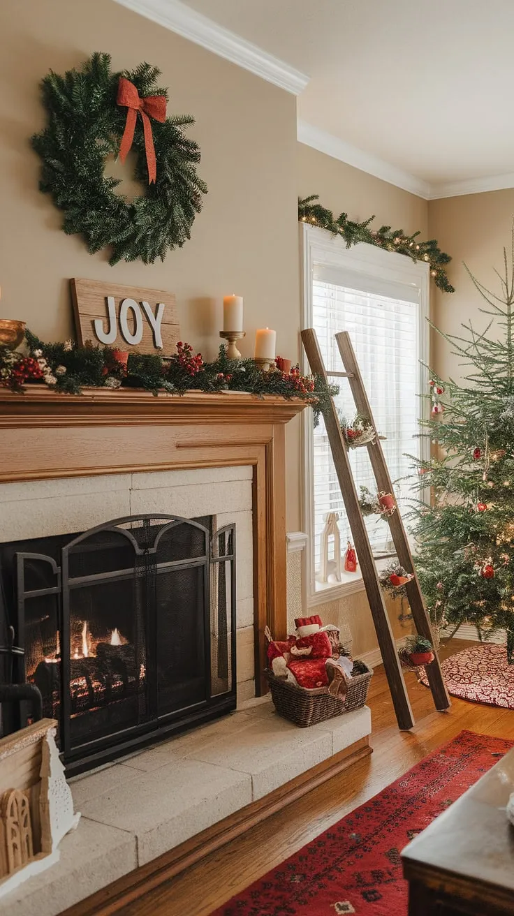 Nestled by the warm glow of the fireplace backdrop, this Christmas living room offers the perfect setting for cherished memories.  The joy decorations, including the wooden "Joy" sign above the crackling Christmas fireplaces, create a magical atmosphere for your Christmas backdrop photography.