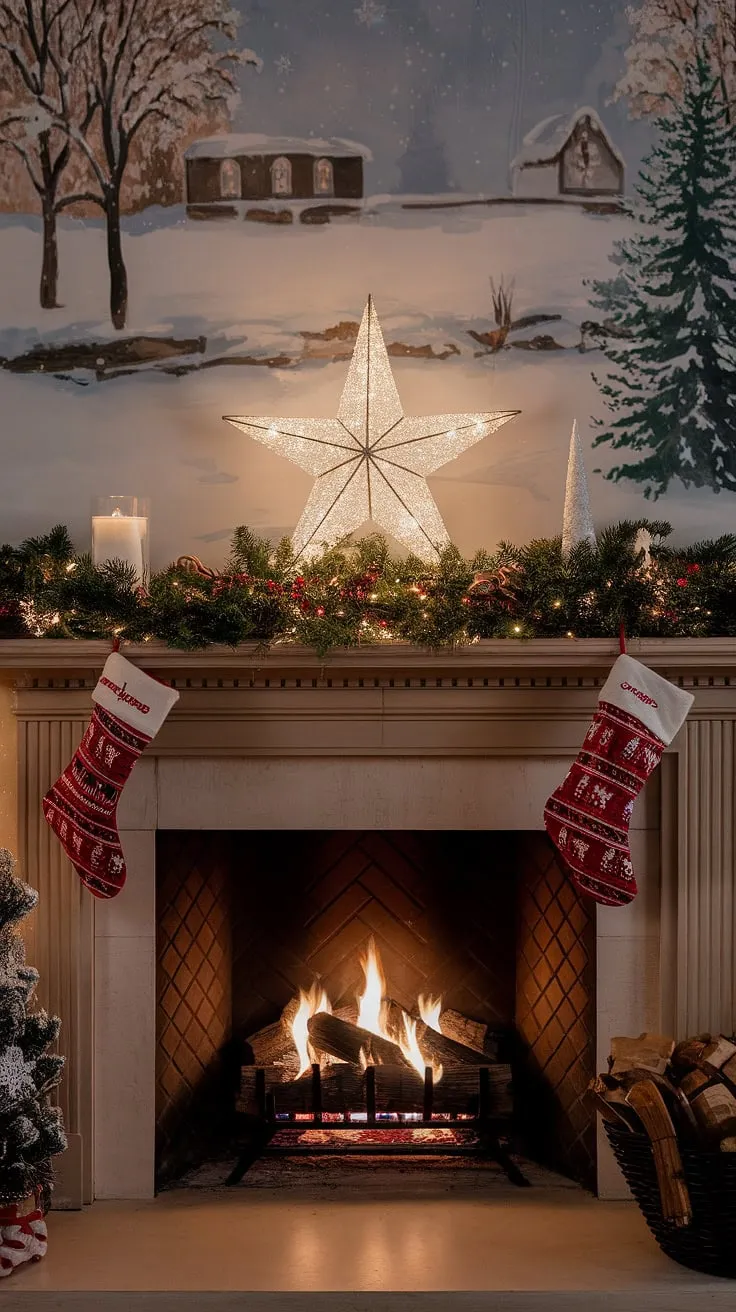 The warm glow of the fireplace, adorned with joy decorations and twinkling Christmas decorations, perfectly complements the serene snowy Christmas backdrop photography. This Christmas fireplaces scene creates the ultimate winter wonderland, a magical setting for cherished memories.