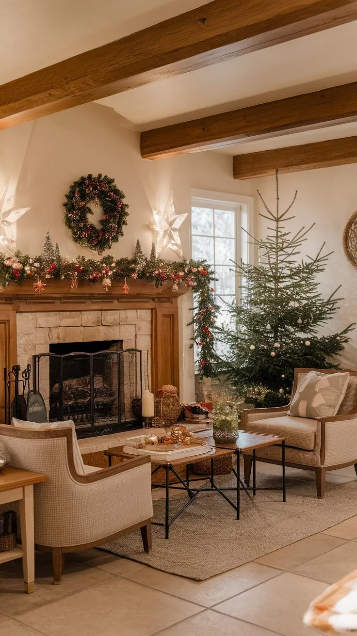 A rustic charm fills this living room, with its wooden beams and tiled floor providing the perfect complement to the festive Christmas fireplaces.  The fireplace backdrop, adorned with an array of Christmas decorations, is a photographer's dream, offering a stunning Christmas backdrop photography opportunity.  Every detail, from the carefully placed joy decorations to the majestic Christmas tree, contributes to this idyllic xmas backdrop.