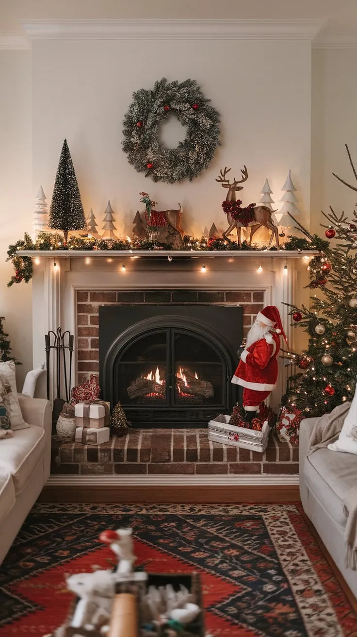 This Christmas fireplaces scene creates the perfect xmas backdrop for unforgettable memories.  The fireplace backdrop, brimming with festive Christmas decorations, radiates cozy warmth and holiday cheer.  A truly joyful setting for Christmas backdrop photography.