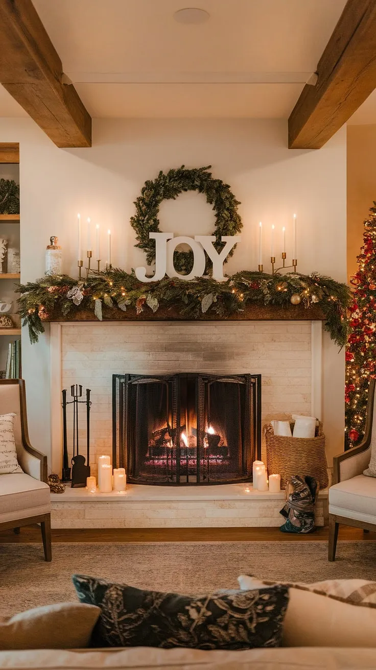 The warm glow of the fireplace backdrop, adorned with joy decorations and Christmas decorations, creates the perfect Christmas backdrop photography scene.  This Christmas fireplaces setting, complete with a majestic Christmas tree and cozy seating, is the epitome of holiday cheer.